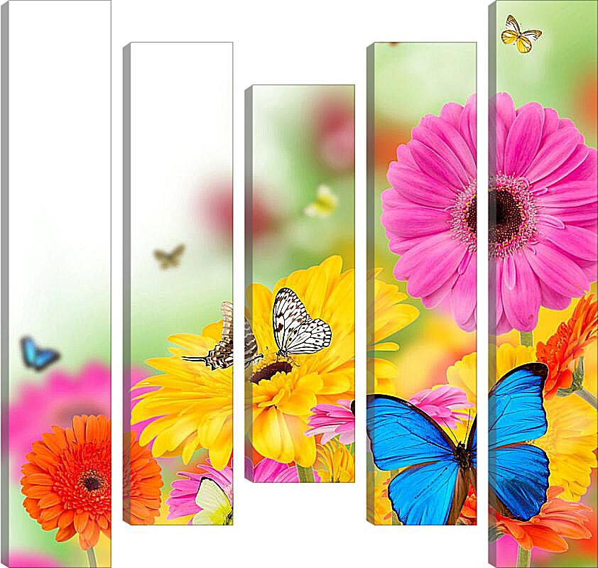 Модульная картина - Разноцветные бабочки и герберы