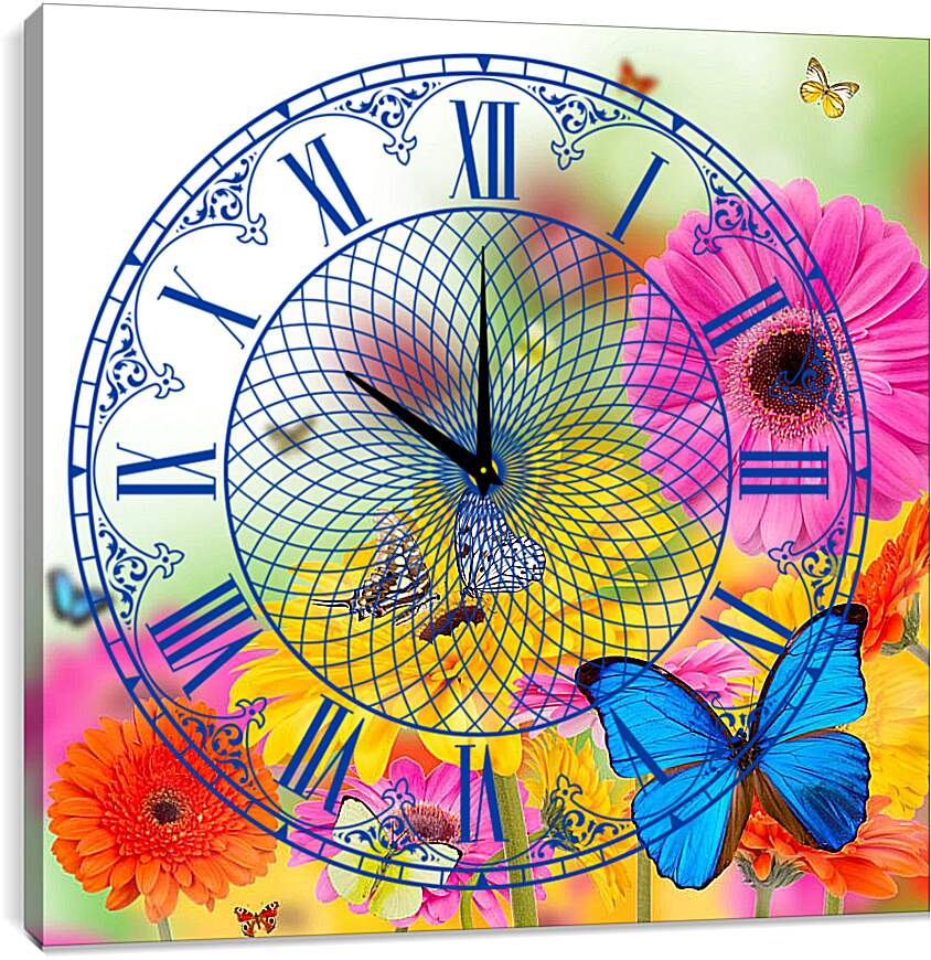 Часы картина - Разноцветные бабочки и герберы