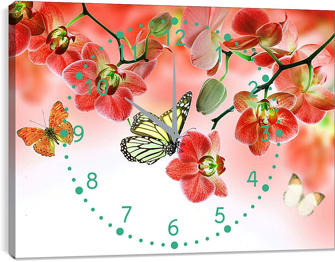 Часы картина - Бабочки и красные орхидеи
