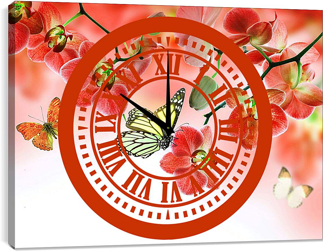 Часы картина - Бабочки и красные орхидеи