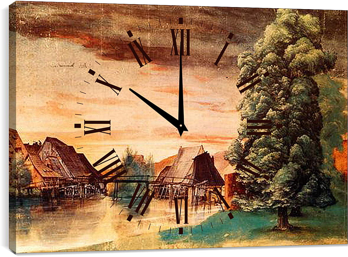 Часы картина - The Cooper Mill on the Pegnitz. Мельница на реке Пегниц. Альбрехт Дюрер