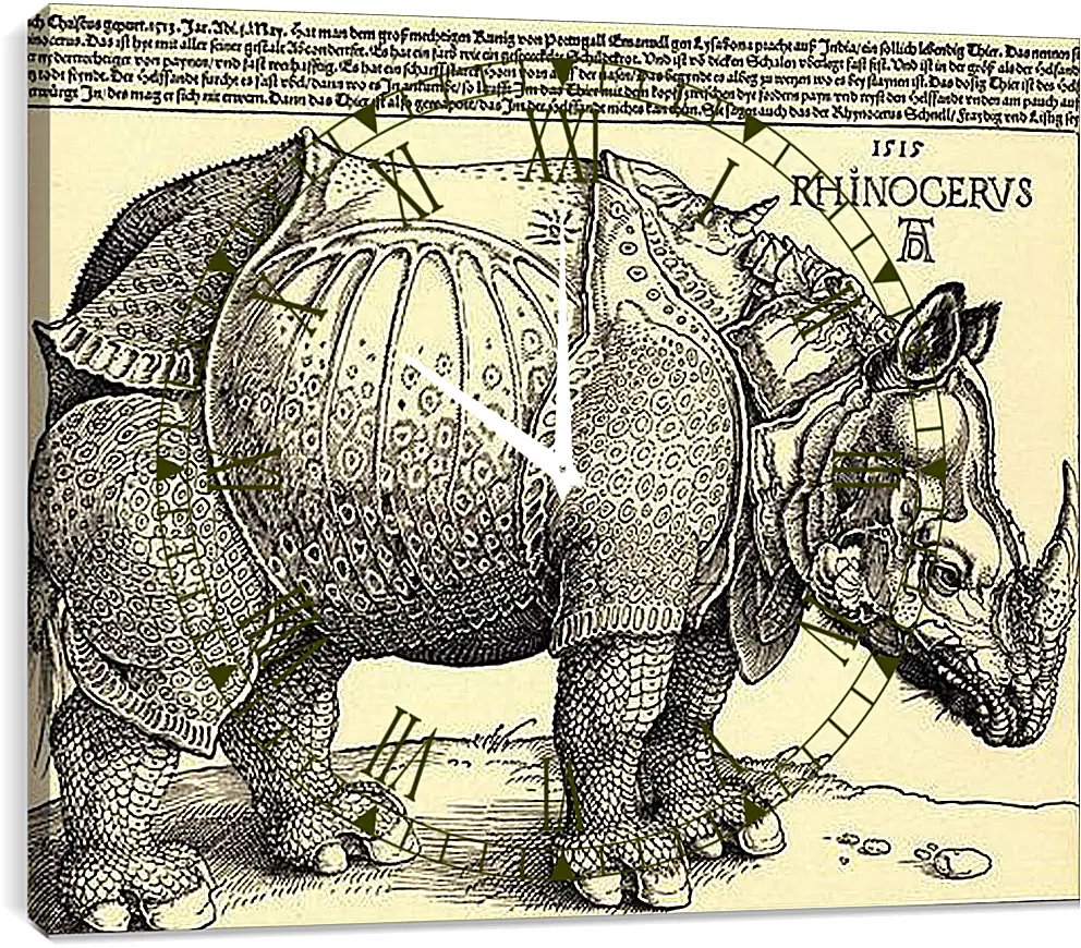 Часы картина - Rhinoceros. Носорог. Альбрехт Дюрер