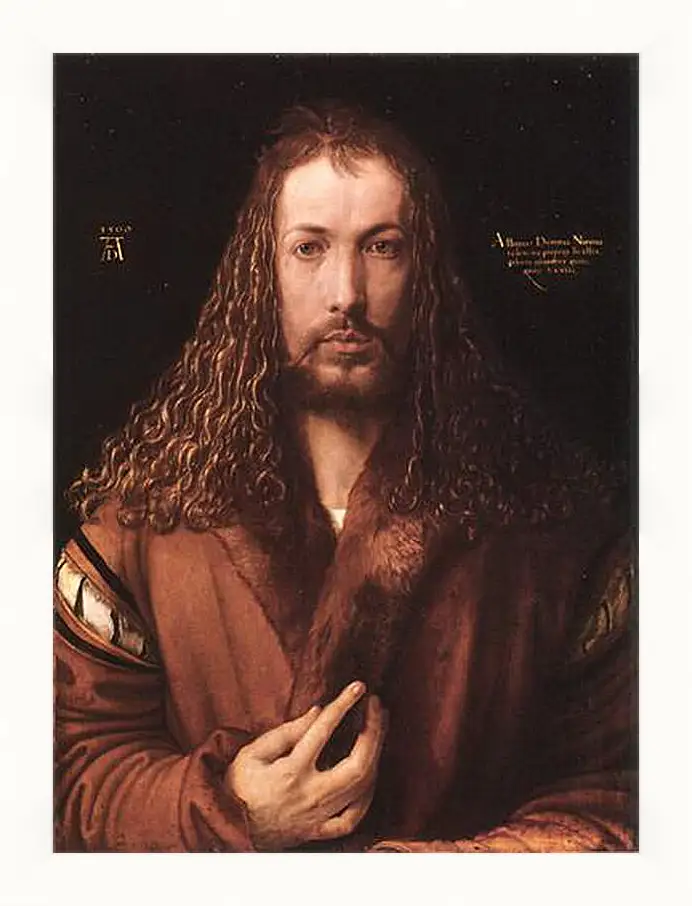 Картина в раме - Self-portrait by Albrecht. Автопортрет в одежде, отделанной мехом. Альбрехт Дюрер