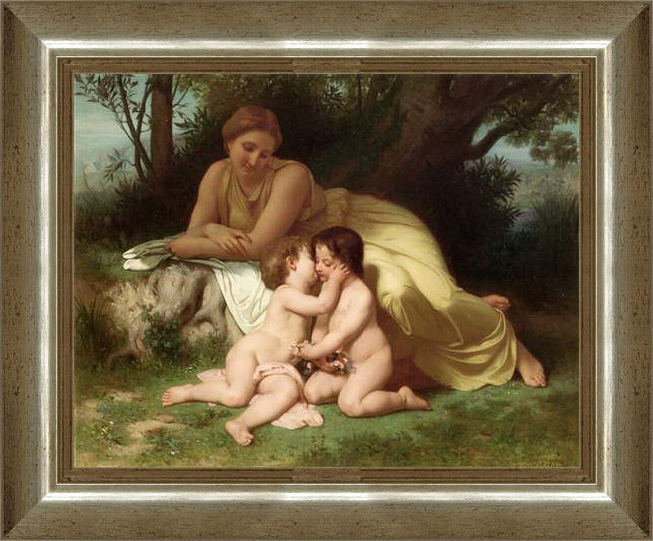 Картина в раме - Jeune Femme Contemplant Deux Enfants Qui Sembrassent. Адольф Вильям Бугро