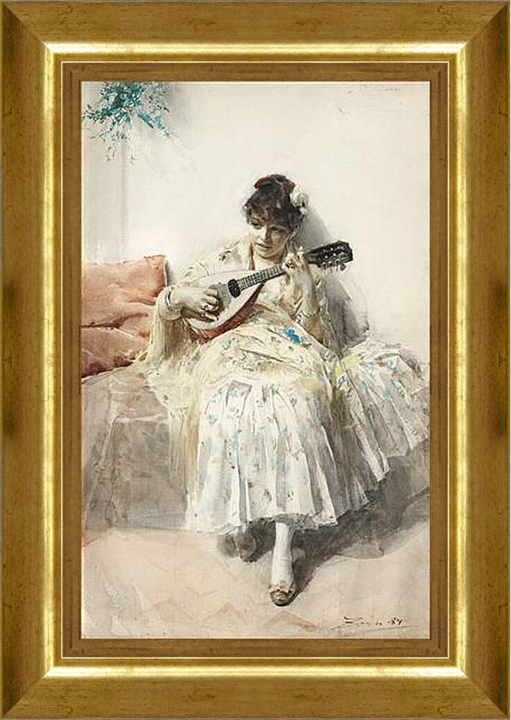 Картина в раме - Mandolinspelerskan (Girl playing mandolin). Девушка играет на мандолине. Андерс Цорн