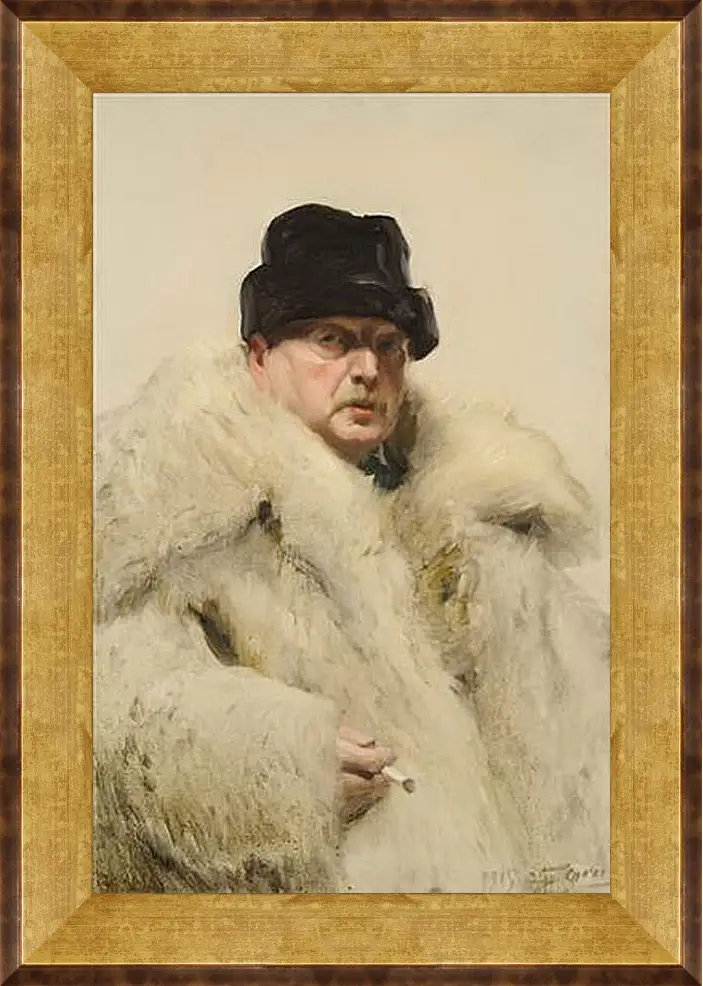 Картина в раме - Self-portrait in a wolfskin. Автопортрет в волчьей шубе. Андерс Цорн