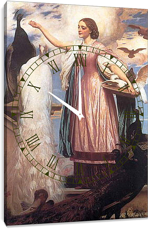Часы картина - A Girl Feeding Peacocks. Девушка, кормящая павлинов. Барон Фредерик Лейтон