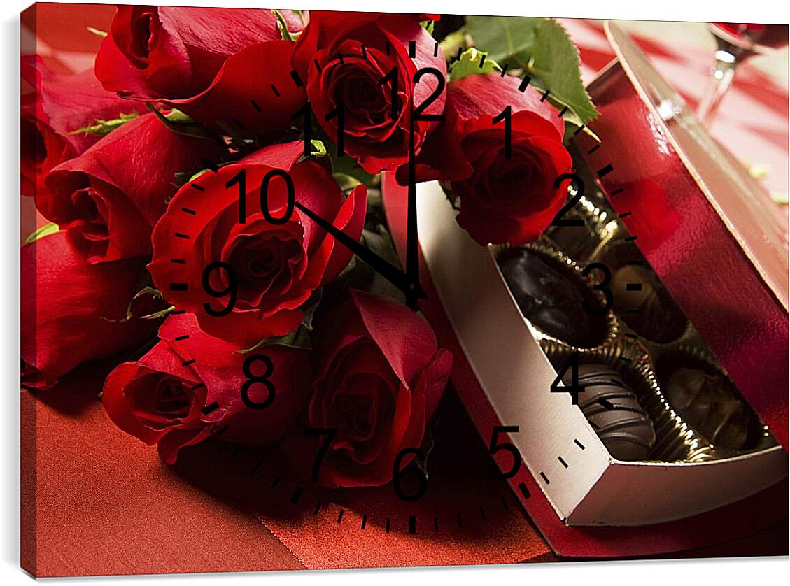 Часы картина - Красные розы и конфеты