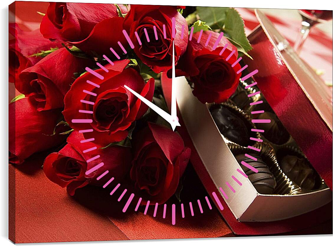 Часы картина - Красные розы и конфеты