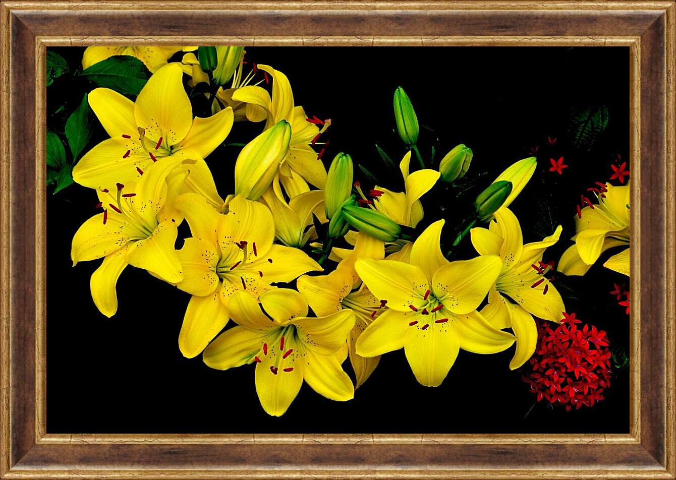 Картина в раме - Желтые лилии