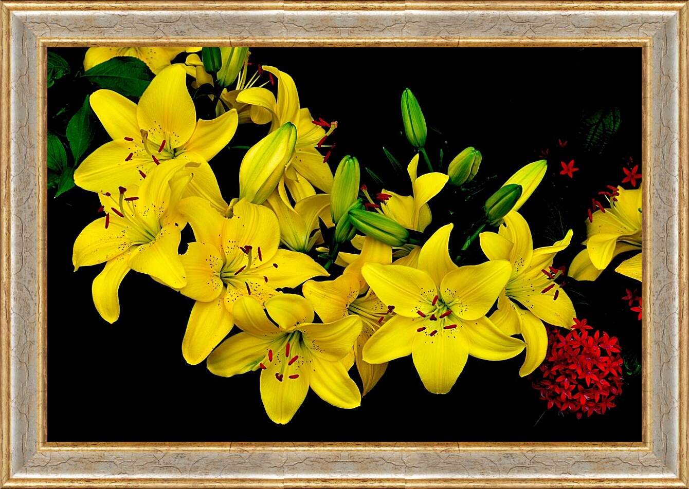 Картина в раме - Желтые лилии