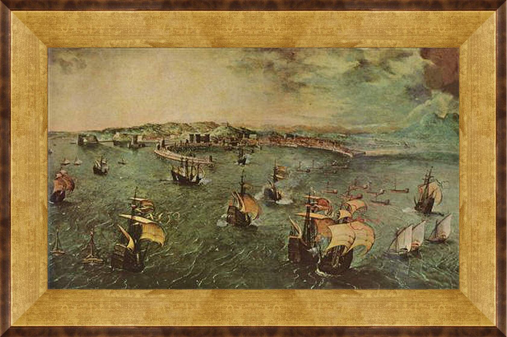 Картина в раме - Морской бой в гавани Неап. Брейгель Питер Старший
