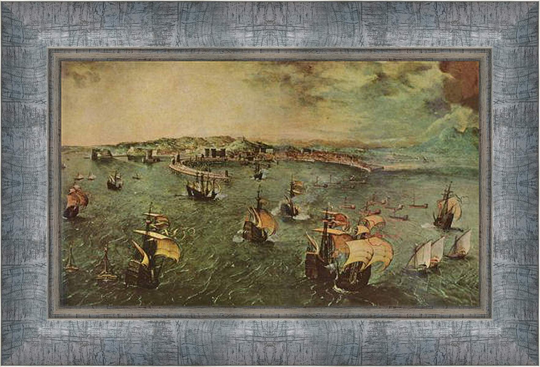 Картина в раме - Морской бой в гавани Неап. Брейгель Питер Старший

