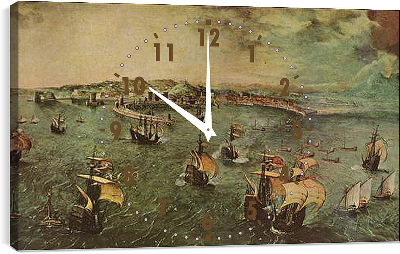 Часы картина - Морской бой в гавани Неап. Брейгель Питер Старший
