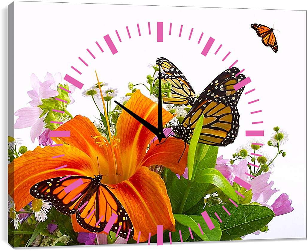 Часы картина - Лилии и бабочки