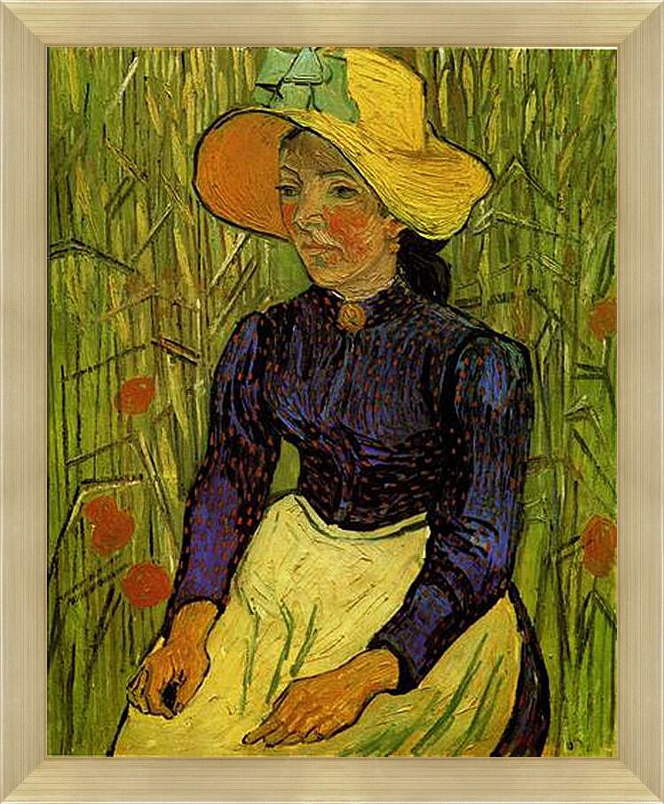 Картина в раме - Молодая крестьянка в соломенной шляпе в пшенице. Винсент Ван Гог