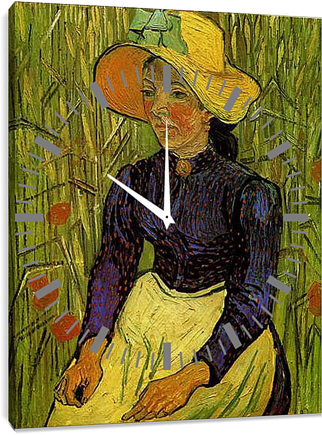 Часы картина - Молодая крестьянка в соломенной шляпе в пшенице. Винсент Ван Гог