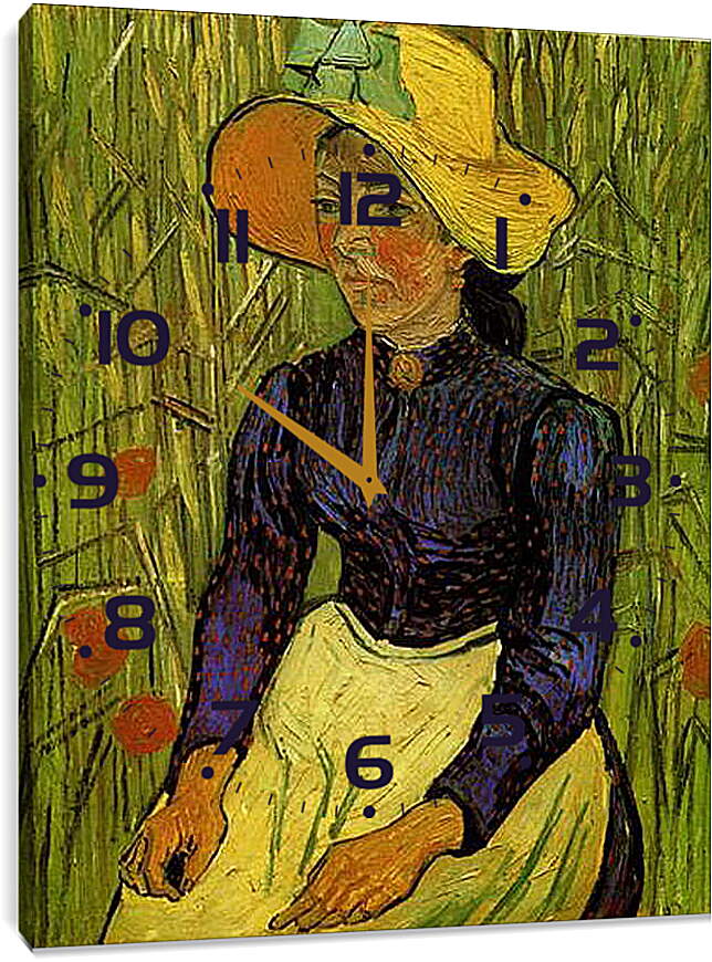 Часы картина - Молодая крестьянка в соломенной шляпе в пшенице. Винсент Ван Гог