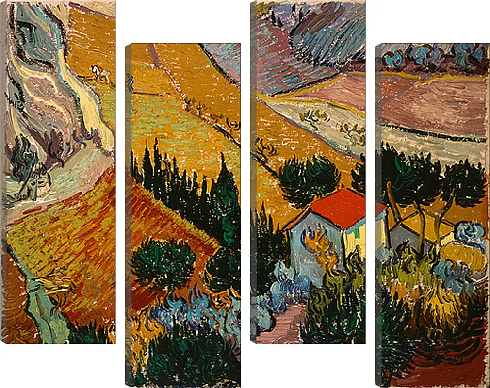 Модульная картина - Landscape with the Chateau of auvers at Sunset - Пейзаж с домом и пахарем. Винсент Ван Гог