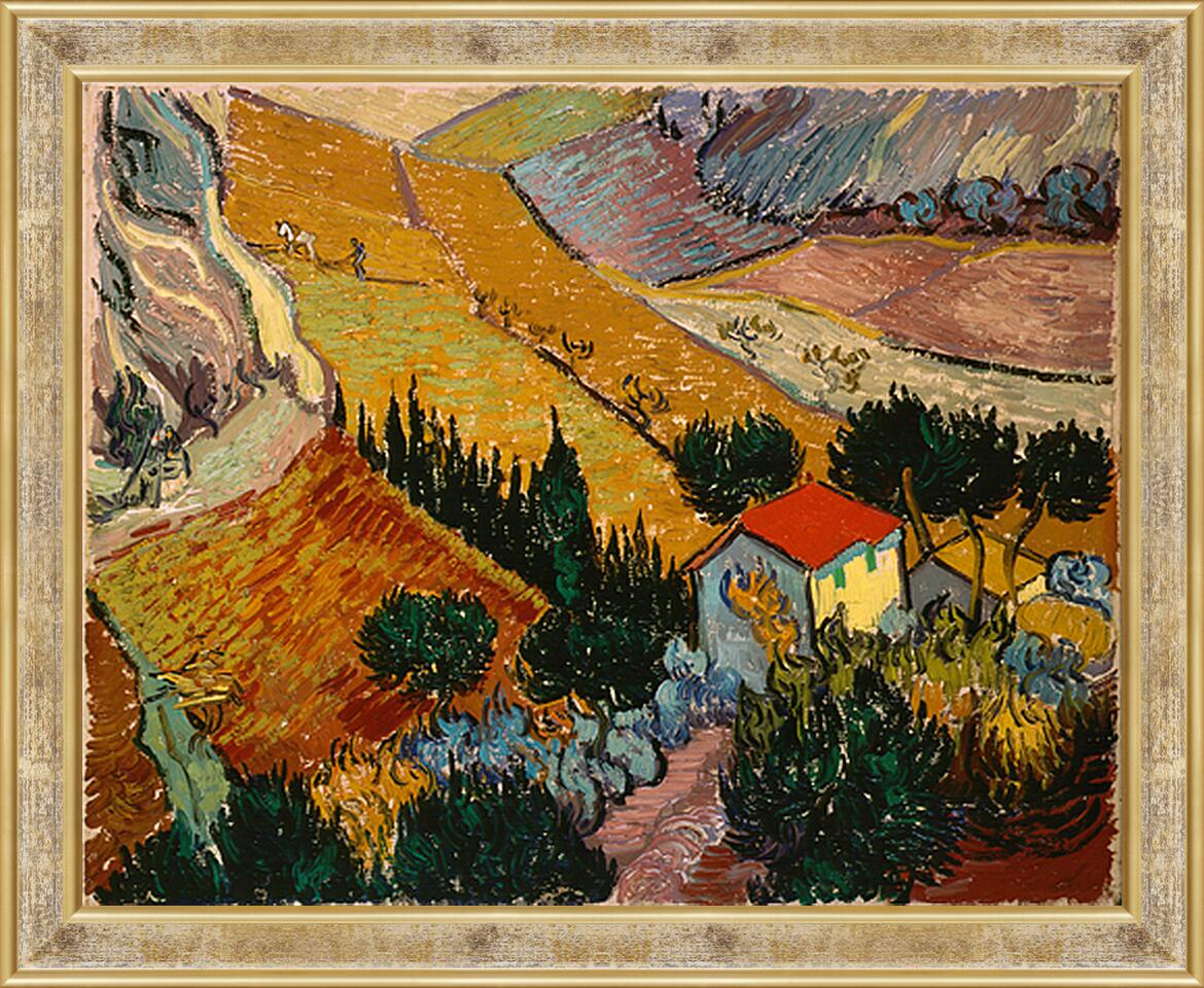 Картина в раме - Landscape with the Chateau of auvers at Sunset - Пейзаж с домом и пахарем. Винсент Ван Гог
