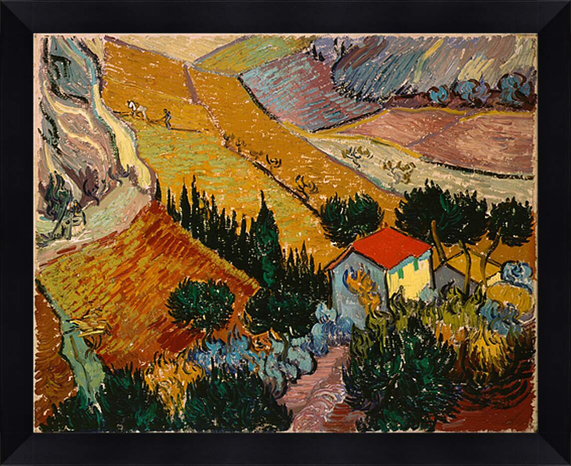 Картина в раме - Landscape with the Chateau of auvers at Sunset - Пейзаж с домом и пахарем. Винсент Ван Гог