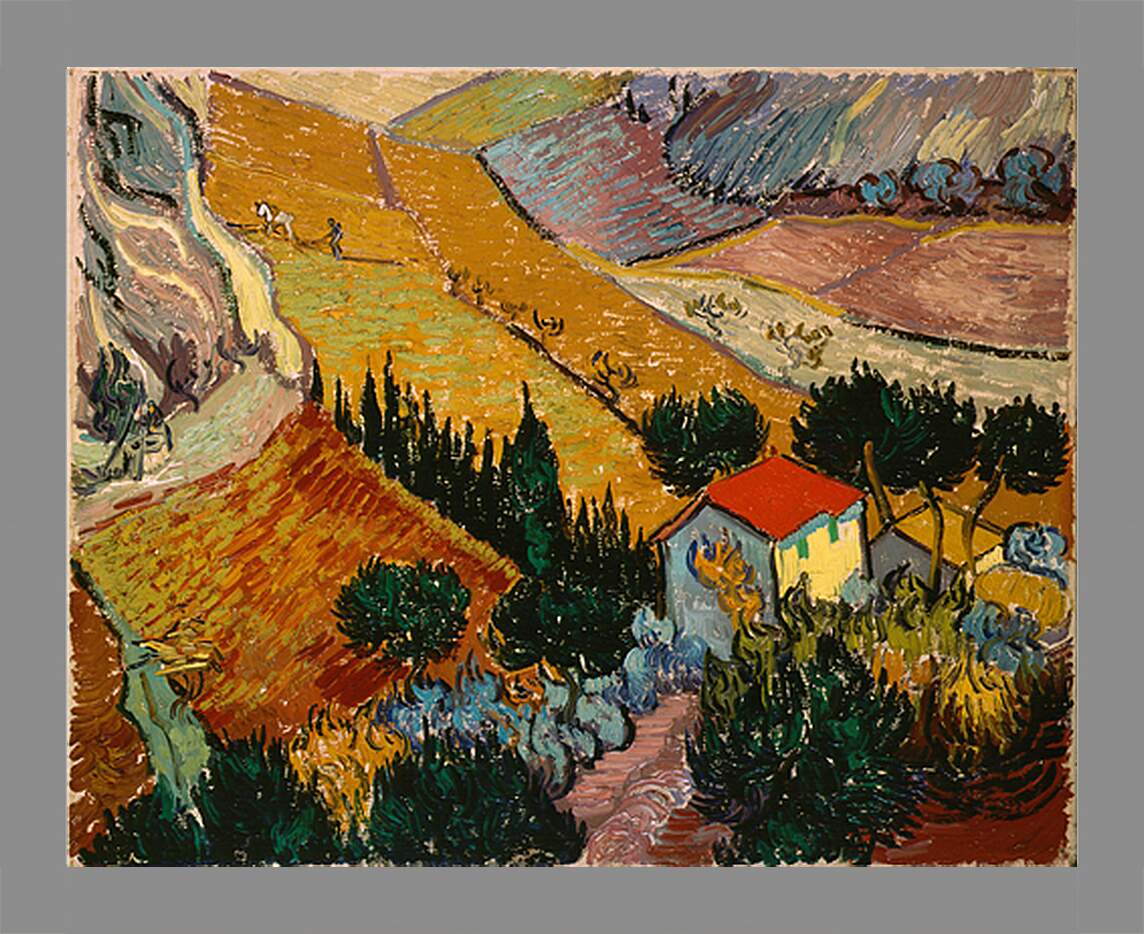 Картина в раме - Landscape with the Chateau of auvers at Sunset - Пейзаж с домом и пахарем. Винсент Ван Гог