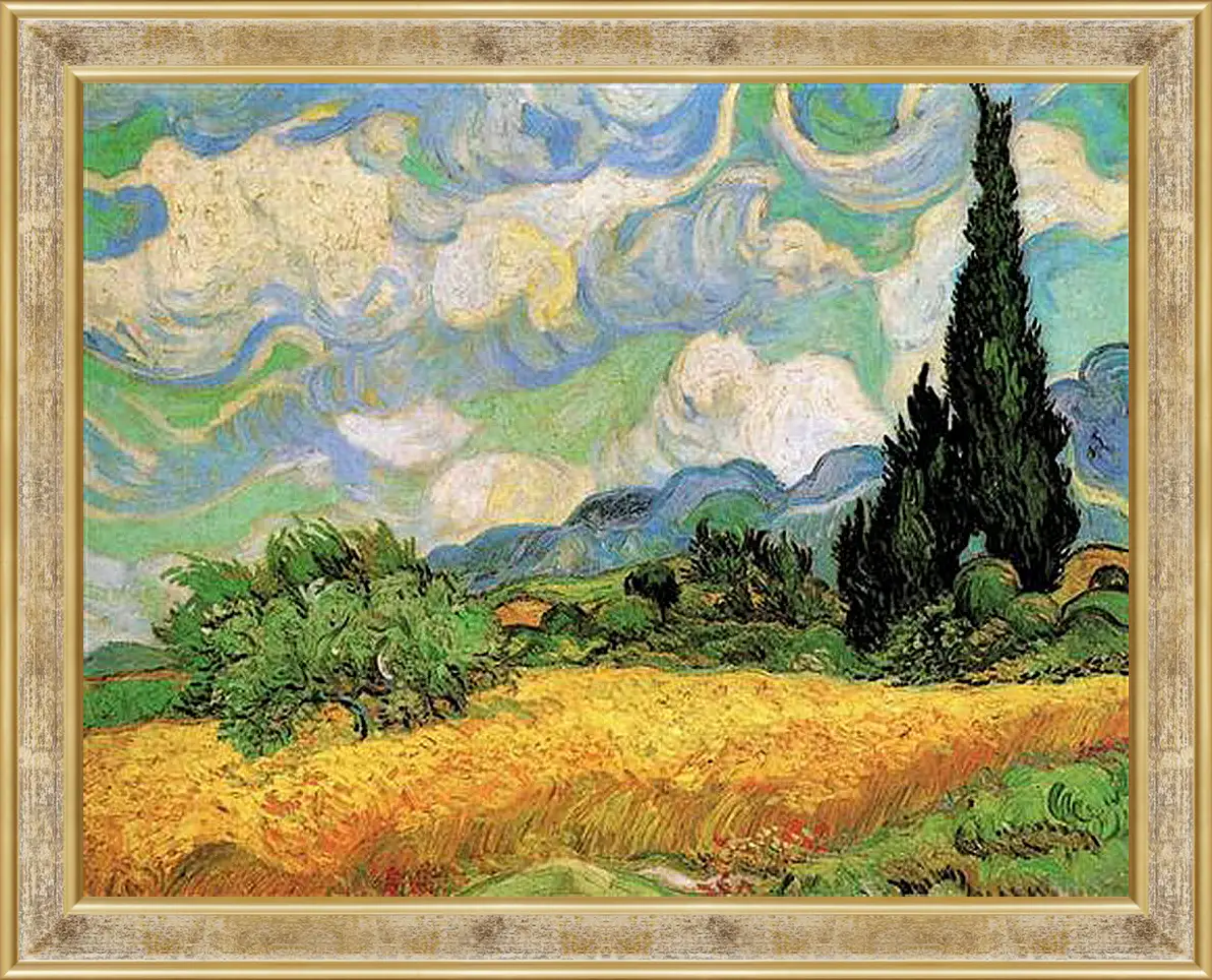 Картина в раме - Wheat Field with Cypresses at the Haute Galline Near Eygalieres. Винсент Ван Гог
