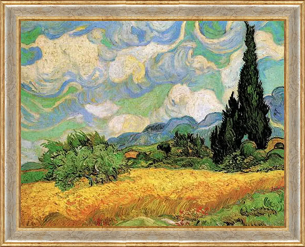 Картина в раме - Wheat Field with Cypresses at the Haute Galline Near Eygalieres. Винсент Ван Гог