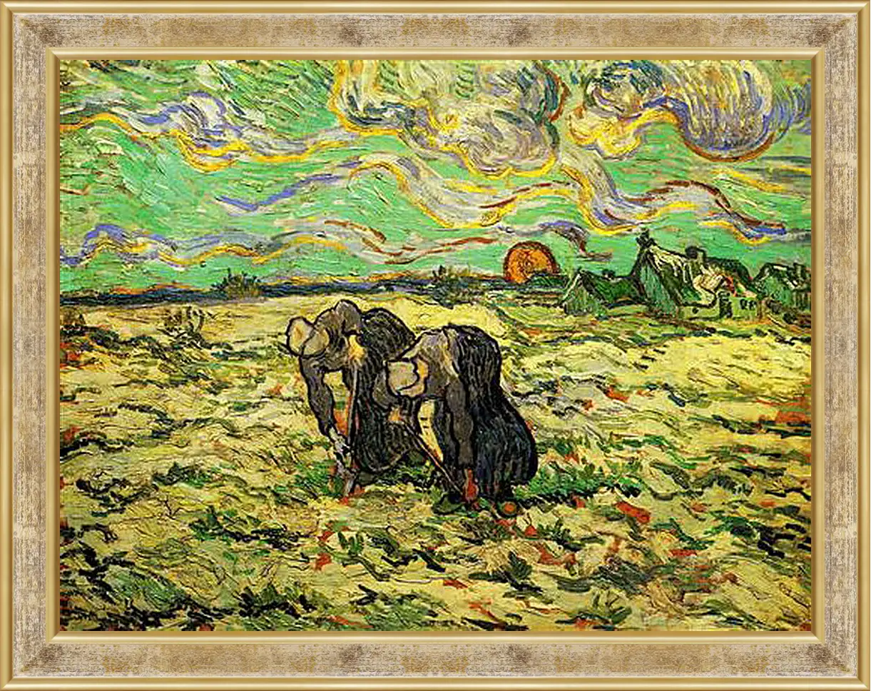 Картина в раме - Two Peasant Women Digging in Field with Snow. Винсент Ван Гог