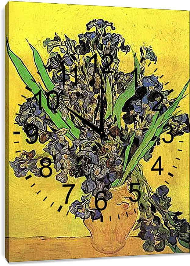 Часы картина - Still Life Vase with Irises Against a Yellow Background. Винсент Ван Гог