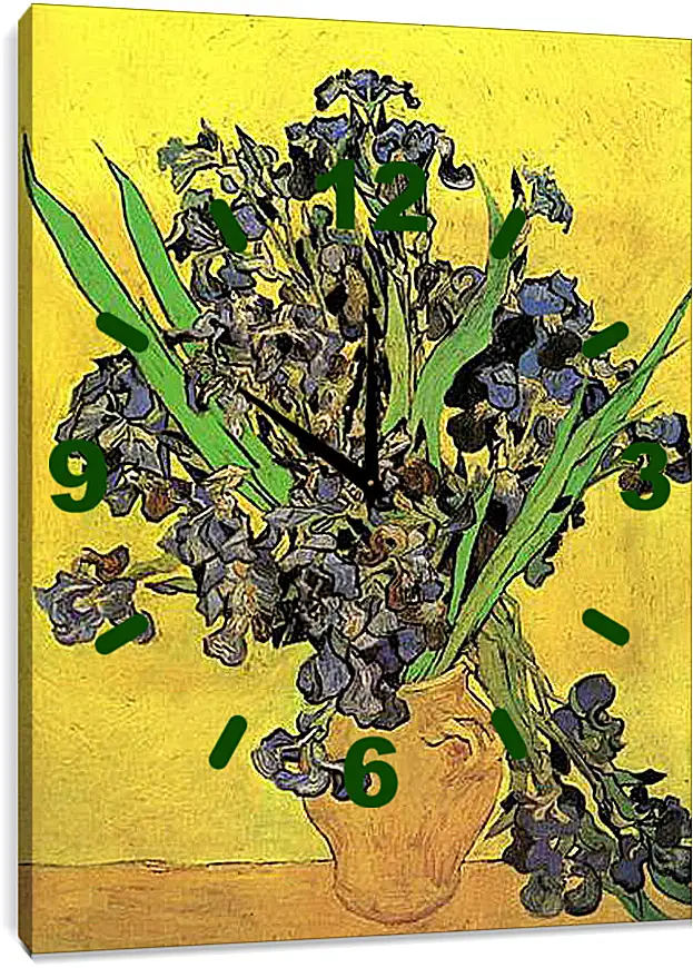 Часы картина - Still Life Vase with Irises Against a Yellow Background. Винсент Ван Гог