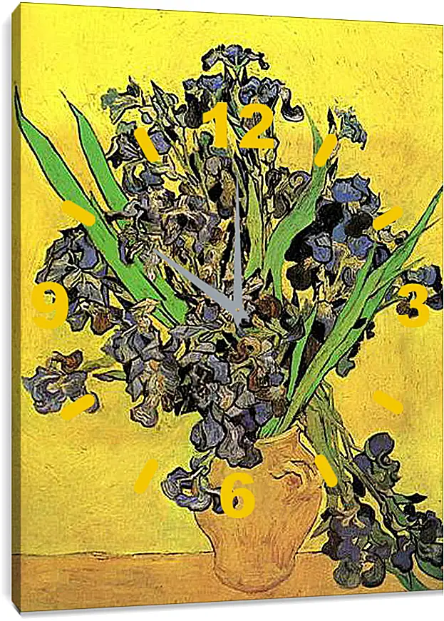 Часы картина - Still Life Vase with Irises Against a Yellow Background. Винсент Ван Гог