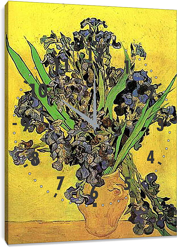 Часы картина - Still Life Vase with Irises Against a Yellow Background. Винсент Ван Гог