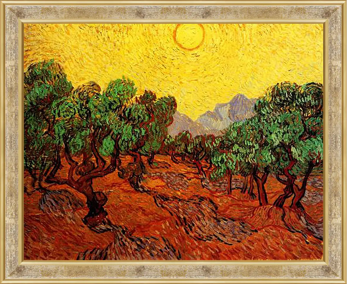 Картина в раме - Olive Trees with Yellow Sky and Sun. Винсент Ван Гог