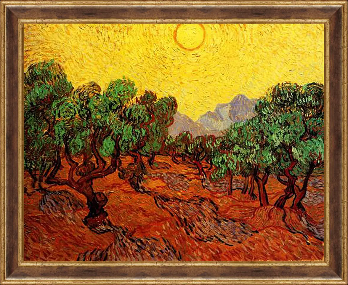 Картина в раме - Olive Trees with Yellow Sky and Sun. Винсент Ван Гог