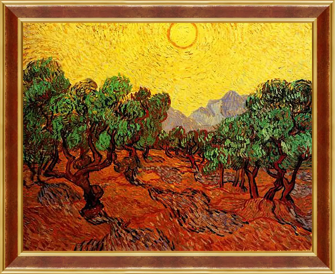 Картина в раме - Olive Trees with Yellow Sky and Sun. Винсент Ван Гог
