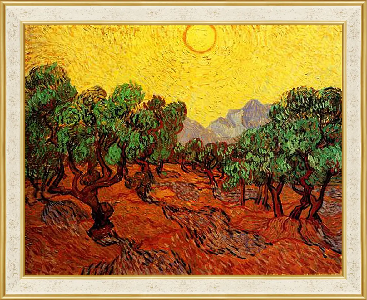 Картина в раме - Olive Trees with Yellow Sky and Sun. Винсент Ван Гог
