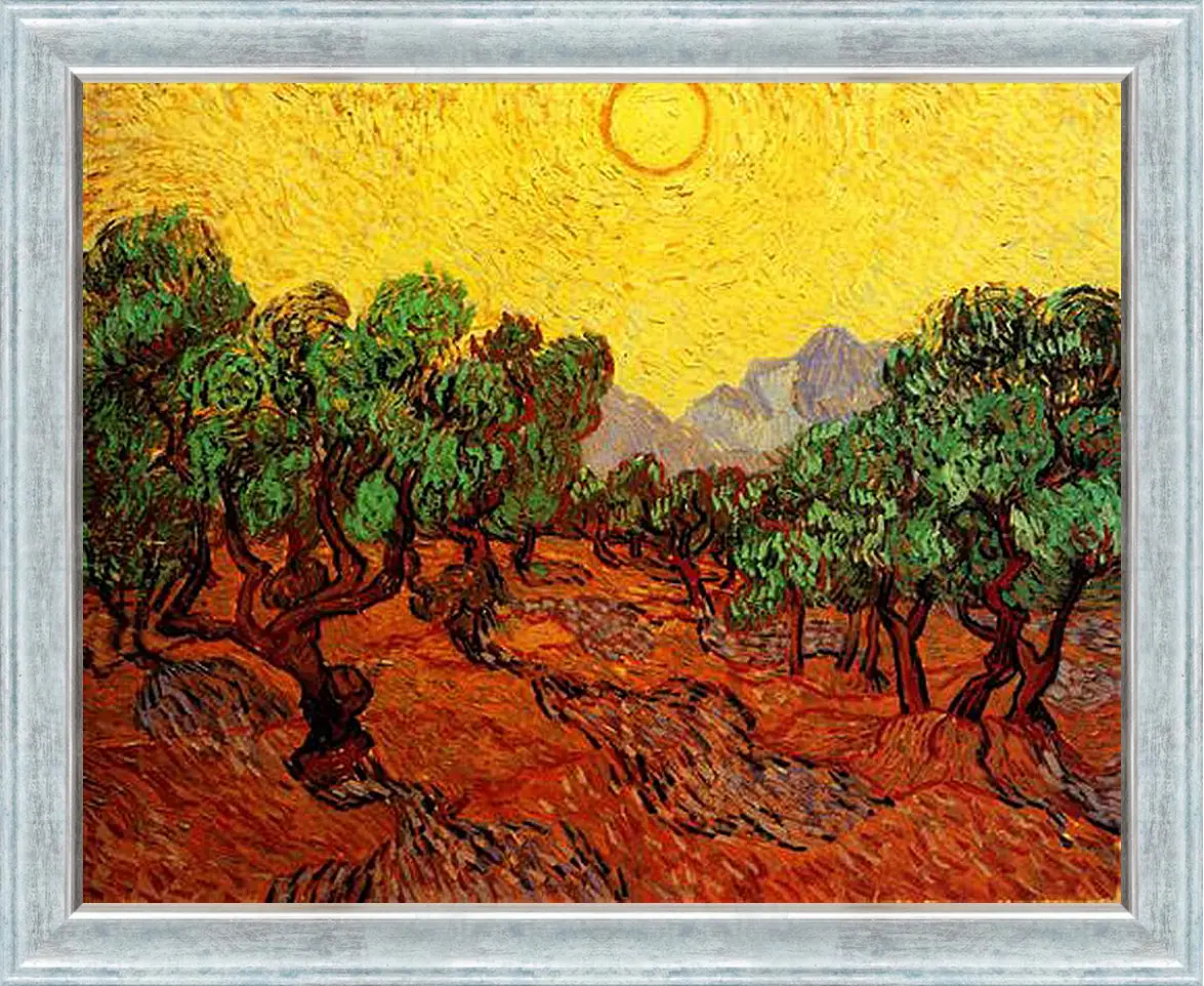 Картина в раме - Olive Trees with Yellow Sky and Sun. Винсент Ван Гог