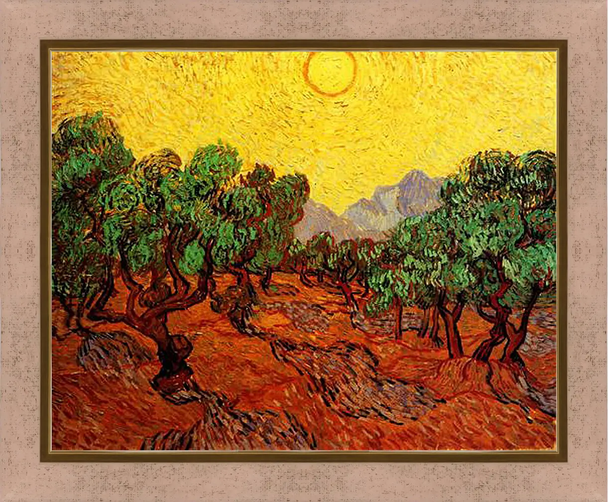 Картина в раме - Olive Trees with Yellow Sky and Sun. Винсент Ван Гог