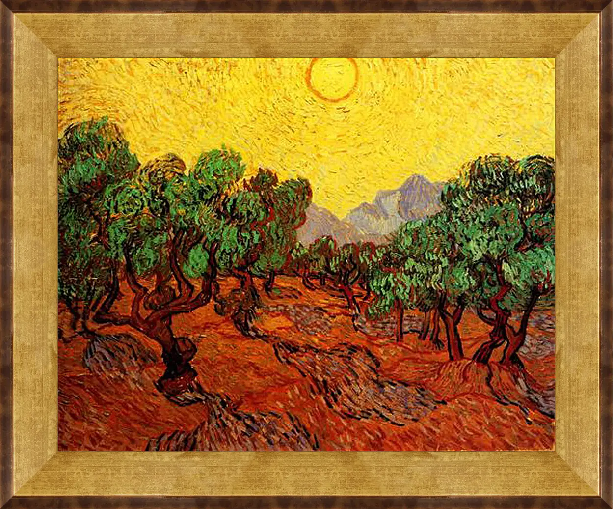 Картина в раме - Olive Trees with Yellow Sky and Sun. Винсент Ван Гог
