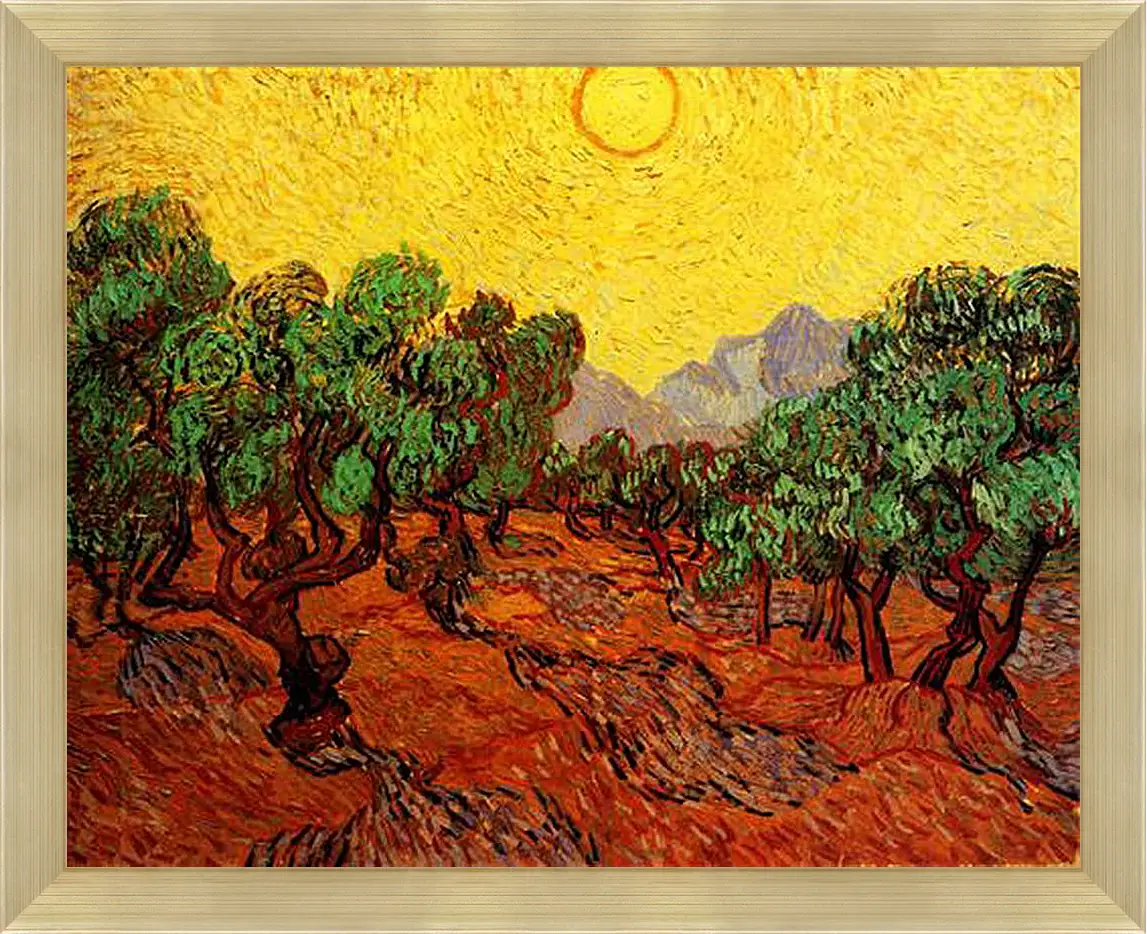 Картина в раме - Olive Trees with Yellow Sky and Sun. Винсент Ван Гог