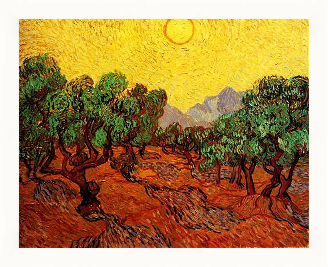 Картина в раме - Olive Trees with Yellow Sky and Sun. Винсент Ван Гог
