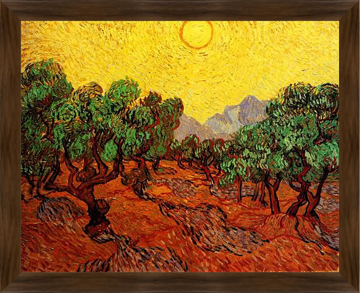 Картина в раме - Olive Trees with Yellow Sky and Sun. Винсент Ван Гог
