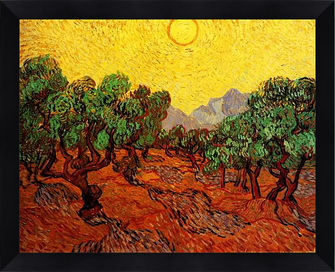 Картина в раме - Olive Trees with Yellow Sky and Sun. Винсент Ван Гог