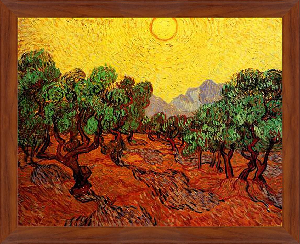 Картина в раме - Olive Trees with Yellow Sky and Sun. Винсент Ван Гог