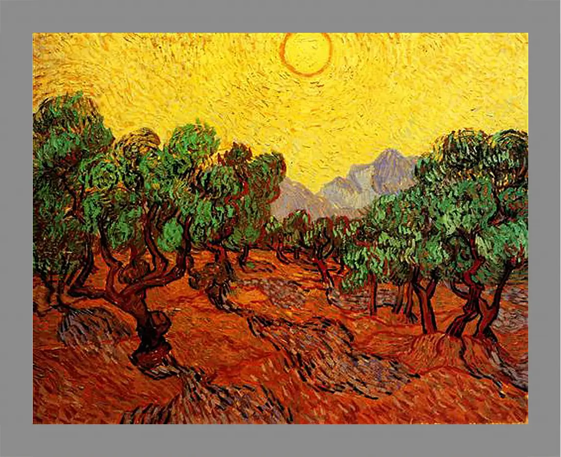 Картина в раме - Olive Trees with Yellow Sky and Sun. Винсент Ван Гог
