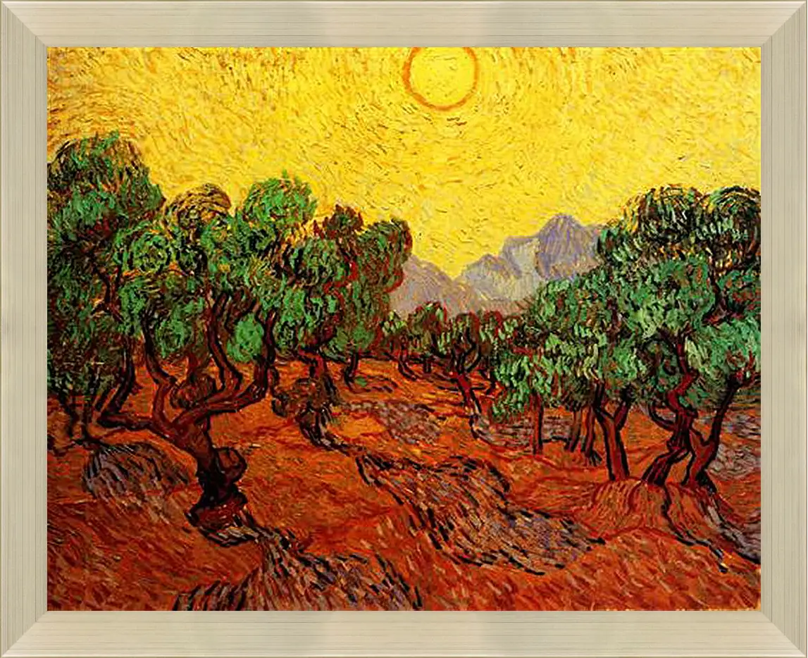 Картина в раме - Olive Trees with Yellow Sky and Sun. Винсент Ван Гог
