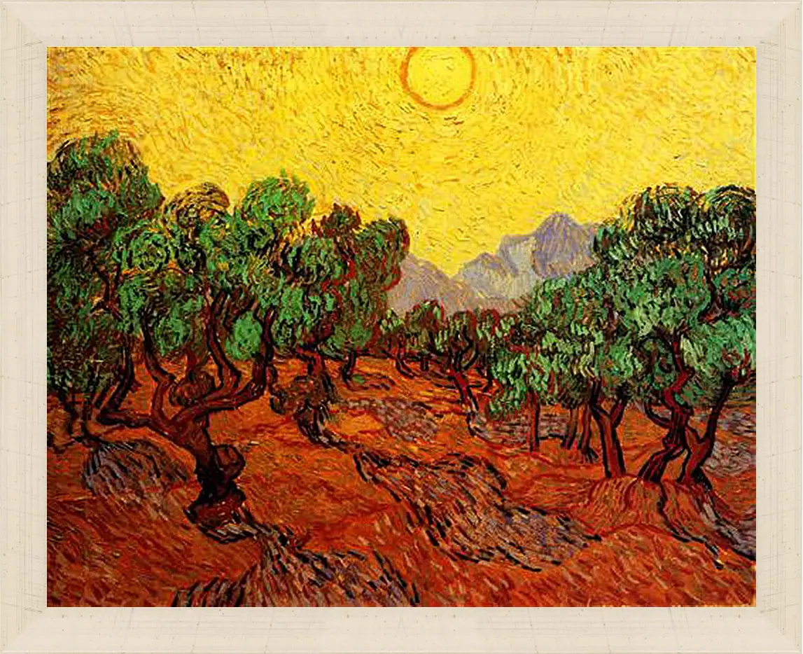 Картина в раме - Olive Trees with Yellow Sky and Sun. Винсент Ван Гог