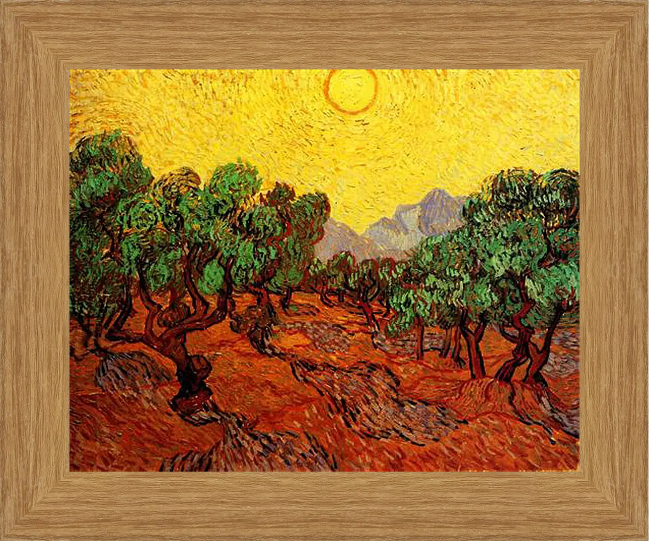 Картина в раме - Olive Trees with Yellow Sky and Sun. Винсент Ван Гог