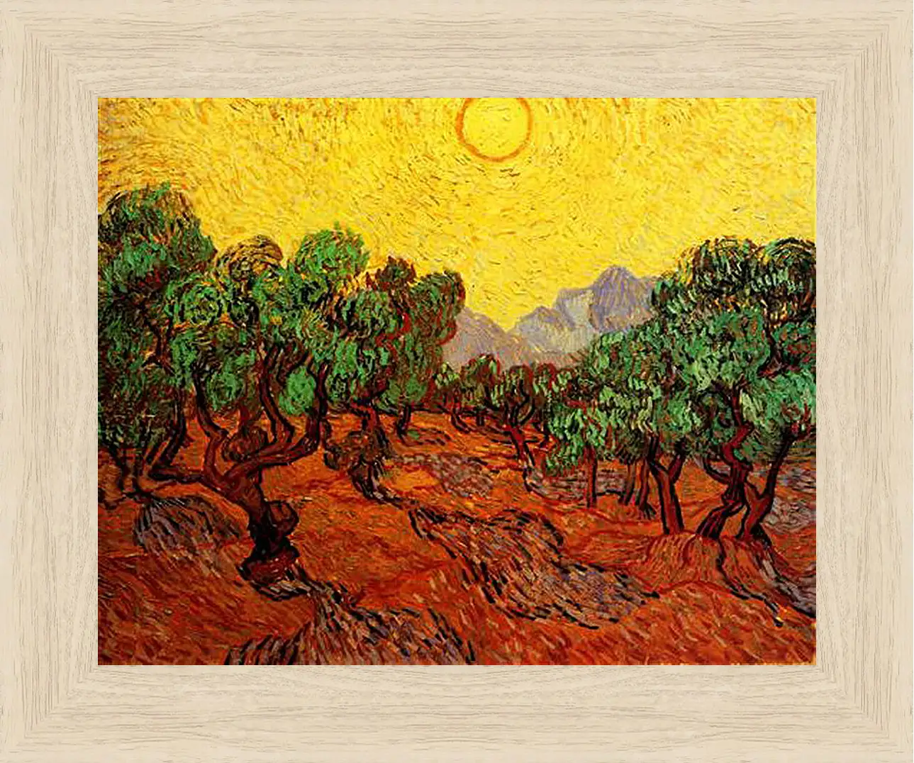 Картина в раме - Olive Trees with Yellow Sky and Sun. Винсент Ван Гог